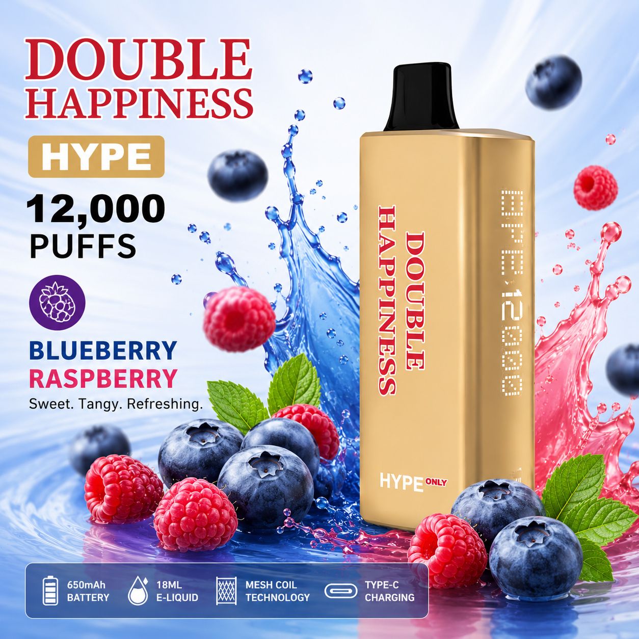 DOUBLE HAPPINESS HYPE BLUEBERRY RASPBERRY - 12000 PUFFS