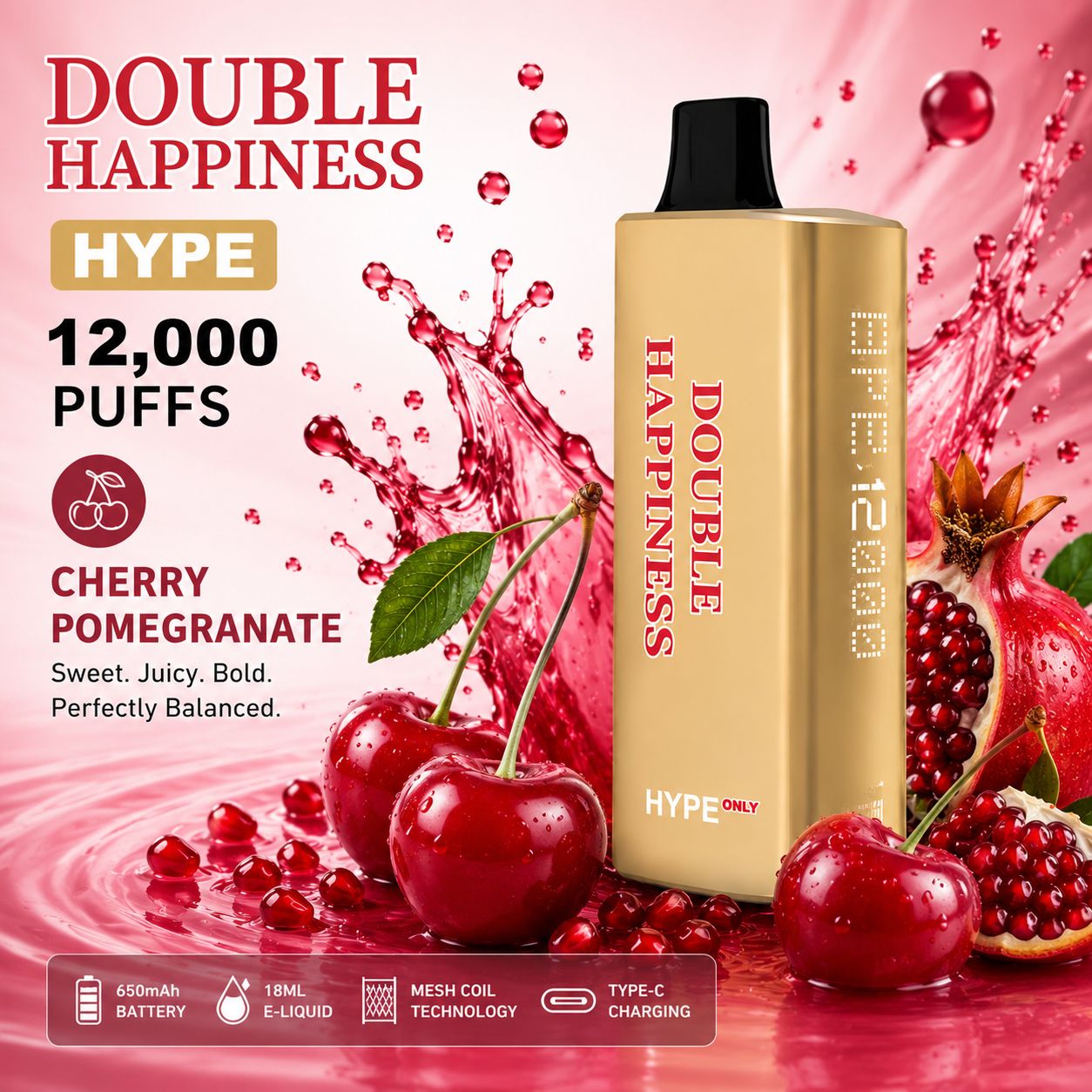 DOUBLE HAPPINESS HYPE CHERRY POMEGRANATE - 12000 PUFFS